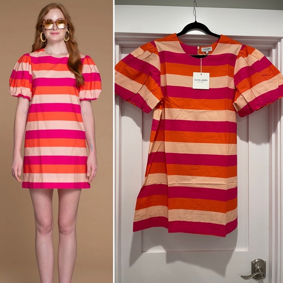 Olivia James Dresses & Skirts - NWT L Olivia James Striped dress woman’s dress with puff sleeve